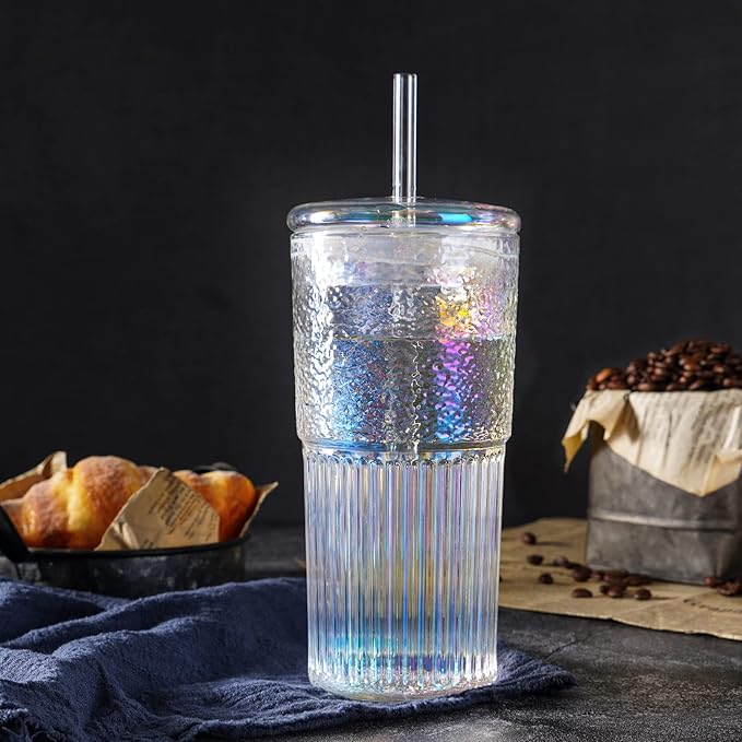 QWEZXO Colorful High Borosilicate Glass Cups With Lids and Glass Straws，20 OZ Rainbow Iced Coffee Water Tumbler Smoothie