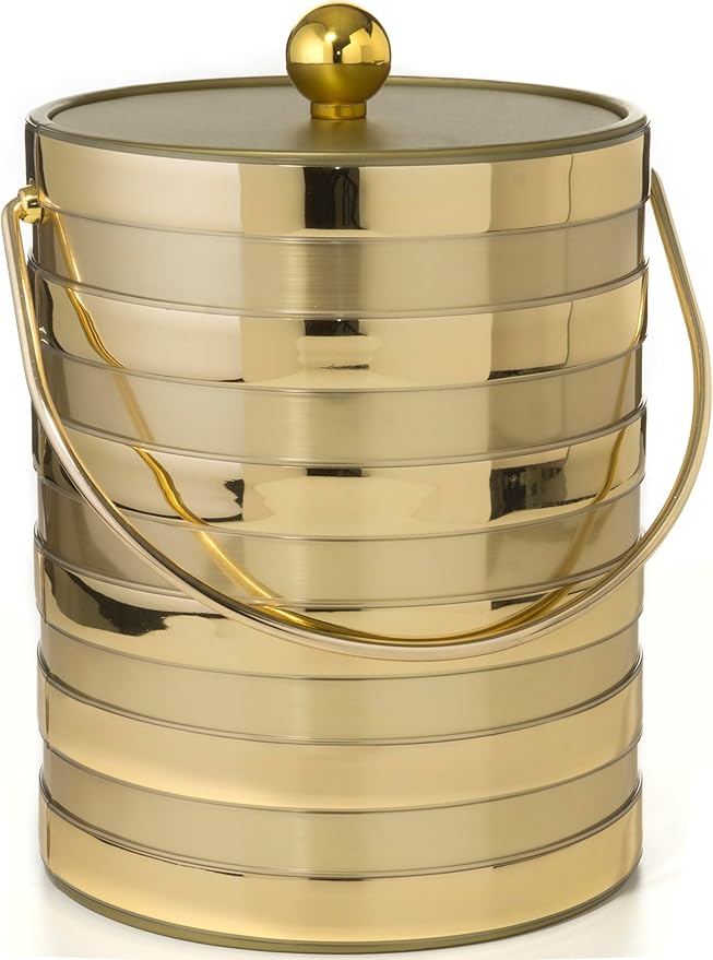 Made In USA Metallic Deco Collection Double Walled Insulated Ice Bucket With Ice Tongs (5-Quart, Gold Stripes)