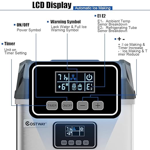 COSTWAY Ice Maker Countertop, 48LBS/24H Automatic Ice Stainless Steel Machine with Self-Cleaning Function, Easy-to-Control LCD Display, Timer Function, See-Through Window with Ice Scoop and Basket