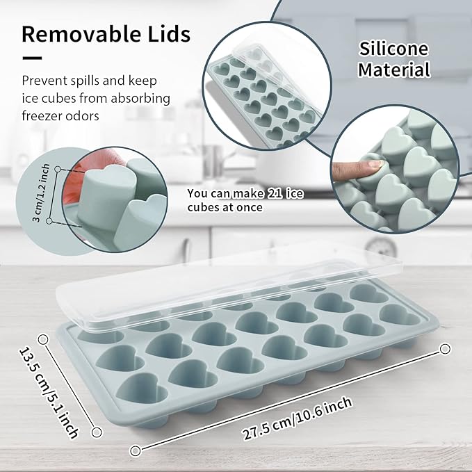 Heart Shape Ice Cube Tray, 21 Holes Silicone Ice Cube Mold with Removable Lid Flexible for Whiskey Cocktail Chocolate (Gray)