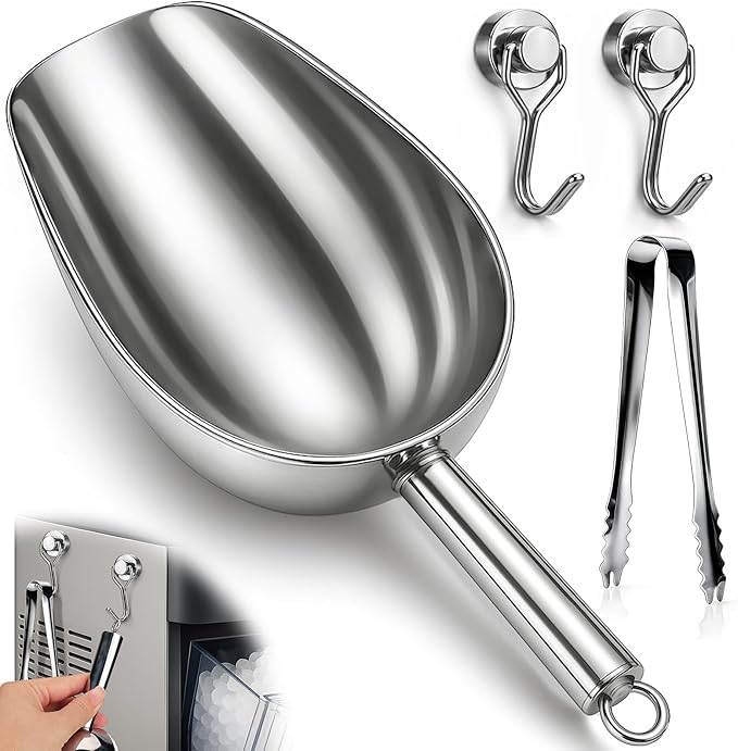 Stainless Steel Ice Scoop for Freezer with Magnetic Hook - Ice Scoop for GE Profile Opal 2.0 Nugget Ice Maker, for Kitchen Bar Party Accessories (18OZ-Silver)
