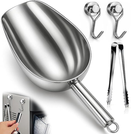 Stainless Steel Ice Scoop for Freezer with Magnetic Hook - Ice Scoop for GE Profile Opal 2.0 Nugget Ice Maker, for Kitchen Bar Party Accessories (18OZ-Silver)