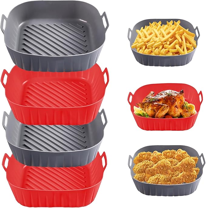 Golden Associate Silicone Liners Square for 8 to 8.5 inch Air Fryer, 4 Pcs Non-stick Food-grade Reusable Basket Baking Tray Airfryer Accessories