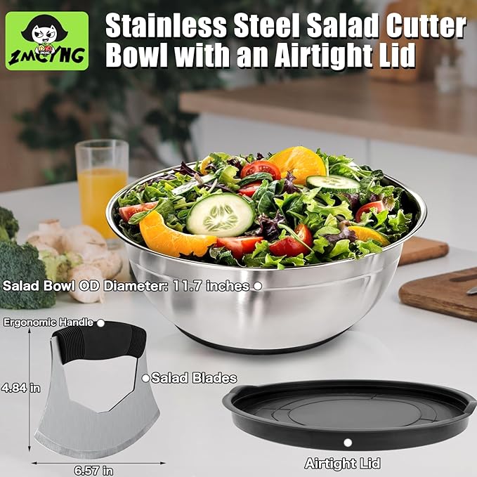 ZMCYNG Salad Chopper Bowl - Stainless Steel Salad Chopping Bowl, Sala d Chopper Bowl and Cutter with Lid, Chef Grade Salad- Chopper Blade and Bowl, Mezzaluna Mincing Knife, Super-fast Sala d Prep
