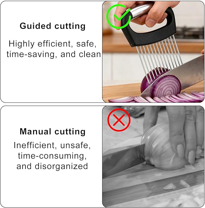 Extra-Large Onion Holder for Slicing, Stainless Steel Food Slicer Guide with 14 Long Needles Multi-Functional Home Kitchen Tool for Potato Tomato Onion Meat