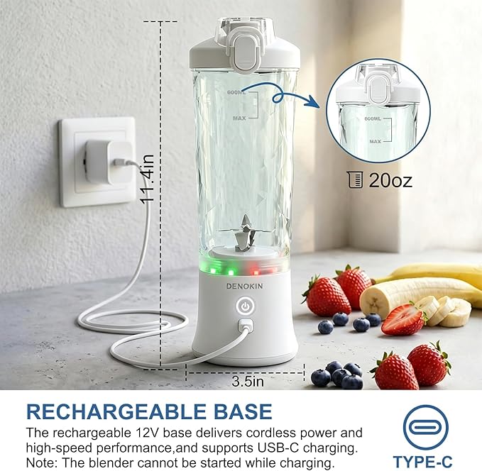DENOKIN Portable Blender, Shakes and Smoothies Cordless Personal Size Blender 20oz with 6 Blade and a Travel Lid (Apple White)