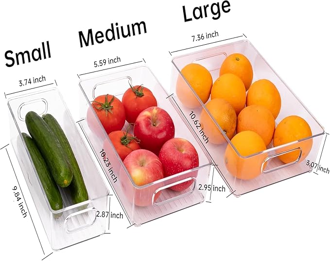 3 Pack Refrigerator Organizer Bins, 3 Sizes Stackable Clear Pantry Storage with Handles for Fridge, Freezer, Shelves, Drawer, Snack Organizer for Home & Kitchen