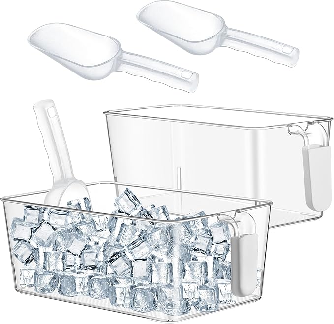 Havawish Ice Storage Bin and Flexible Scoop Set Plastic Freezer Bin with Pull out Handle Storage Bucket Clear for Container with Scoop(Grey,10.83 x 7 x 4.33 In,10.83 x 4.92 x 4.33 in,Classic)