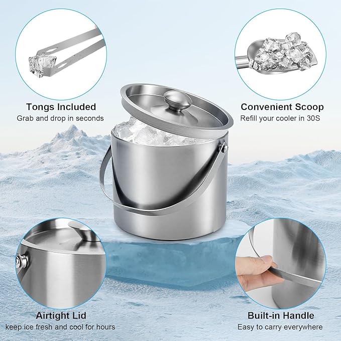 Ice Bucket with Lid, Scoop, Tongs and Strainer - Well Made Insulated Stainless Steel Keep Ice Frozen Longer - Ideal for Cocktail Bar, Parties, Chilling Wine, Champagne - 3 Liter (Stainless Steel)