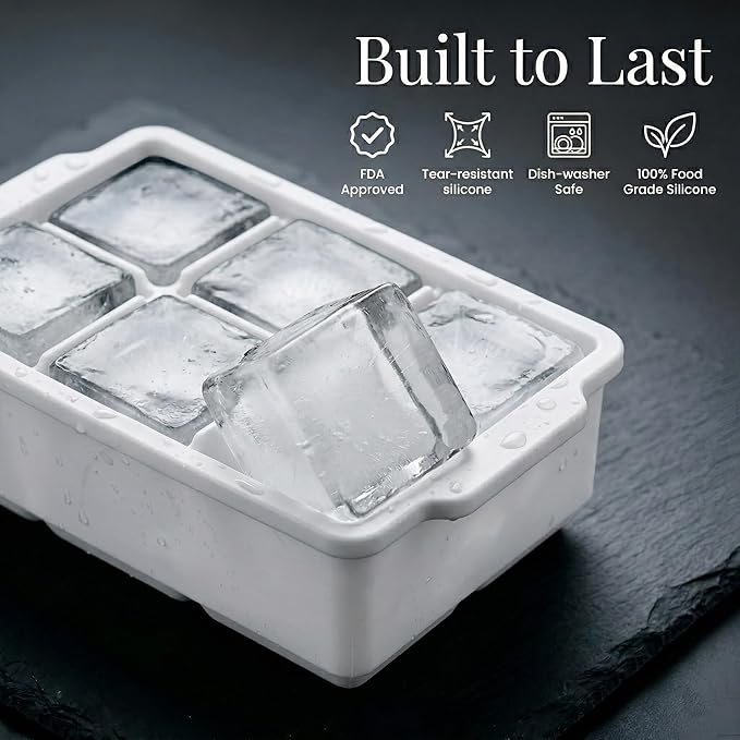 KitchFort Large Silicone Ice Cube Tray (3-Pack), Easy Release 2" Big Ice Cubes - Cocktail, Whiskey Ice Cubes Mold - Ice Trays for Freezer with Lid - Stackable Silicone Ice Tray - White