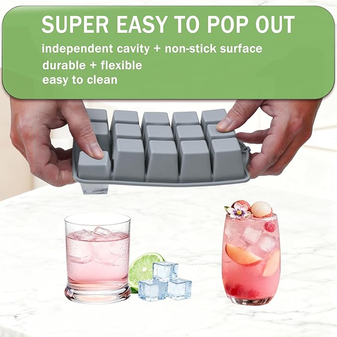 Ice Cube Trays for Freezer, 2 Pack Easy Release Slicone Ice Cube Tray with Lid, BPA Free Stackable Flexible Ice Molds 15 Square Reusable Ice Cubes for Whiskey, Baby Food, Iced Coffee (Grey)