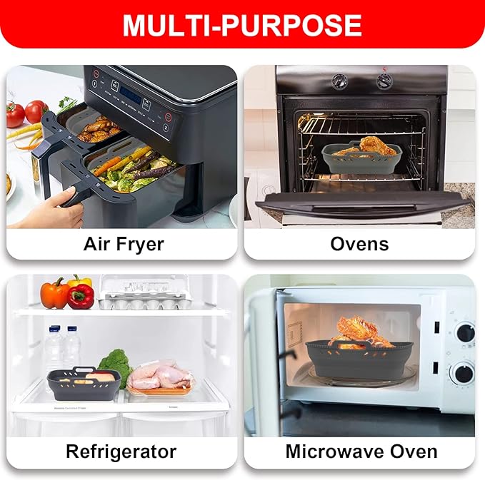 Air Fryer Silicone Liners, 7.56 x 5.12 inch Small Rectangle Collapsible Airfryer Liner, Reusable Non-Stick Baking Trays for Ninja DZ201/DZ401/DZ550 Dual Air Fryer, 2 Pack (Grey+Blue)