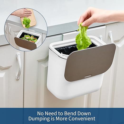 1.8 Gallon/7L Hanging Trash Can, with Stainless Steel Lid, Under Sink Compost Bin for Kitchen Cabinet Door, Garbage Can with Hanging Hook,Food Waste Bin for Kitchen, Bedroom, RV, Bathroom, White