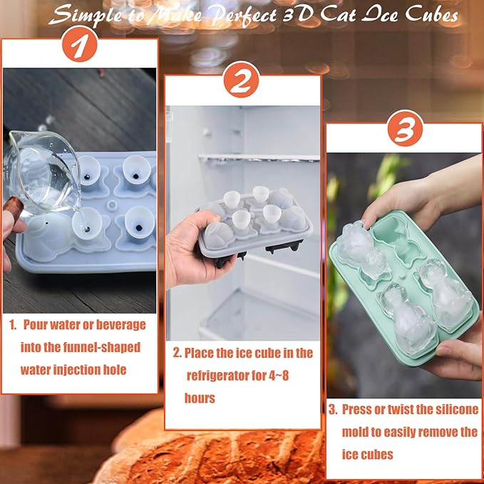 3D Cat Ice Cube Mold,Slow-Melting & BPA-Free Silicone Cat Shapes Ice Cube Tray for OXO Whiskey Cocktail Drink Bourbon，Funny animal Shape Ice Cube Mold is the Best Gift for Cats Iovers (Black)
