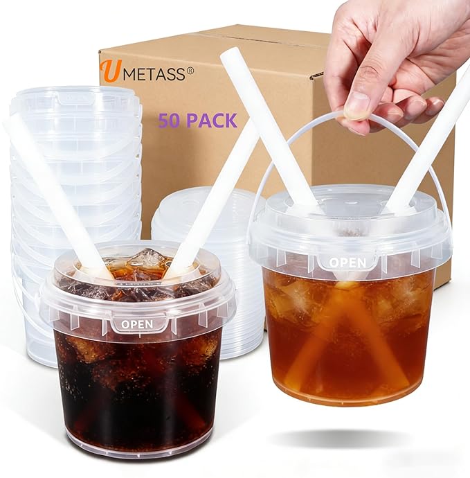 Clear Plastic Cups with Lid and Straw, Reusable Drink Bucket with Handle for Iced Coffee, Smoothie, Ice Cream - Sturdy Food Safe Party Cups for Pool, Beach, Birthday Parties (50Pack, 32 oz)