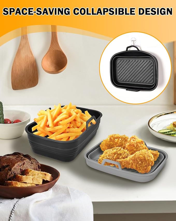 Air Fryer Silicone Liners Collapsible 2-Pack for bella 6Qt(5lb) Slim Air Fryer, Reusable Airfryer Silicone Pot Baking Basket Insert Accessories, Non Stick, Easy Cleaning, Gray+Black
