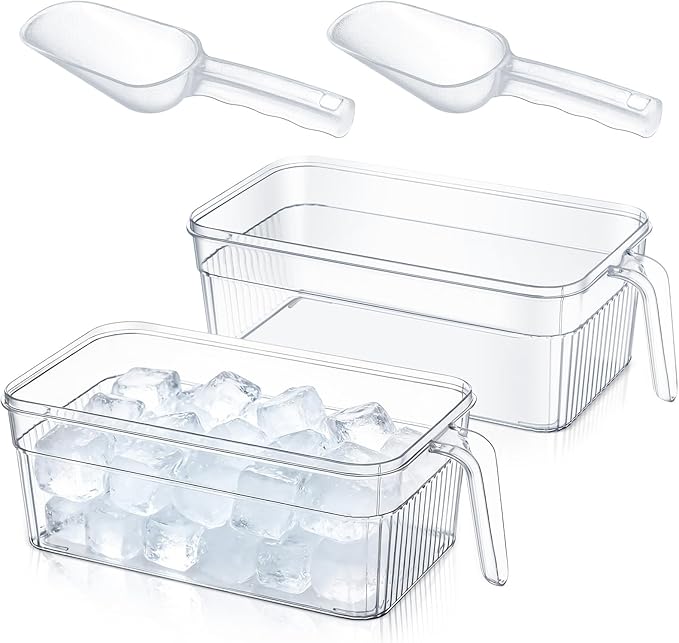 Havawish Ice Storage Bin and Flexible Scoop Set Plastic Freezer Bin with Pull out Handle Storage Bucket Clear for Container with Scoop(White,12.6 x 6.3 x 4.33 in,Stripe)