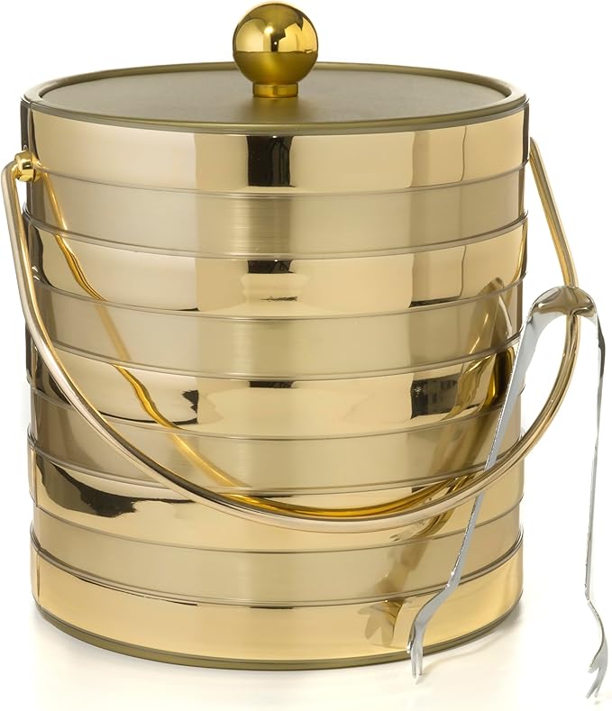 Made In USA Metallic Deco Collection Double Walled Insulated Ice Bucket With Ice Tongs (3-Quart, Gold Stripes)