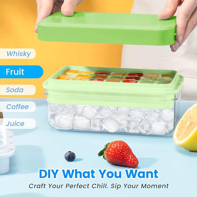 Ice Cube Tray with Lid and Bin, 28 pcs Ice Cubes Molds, Ice Trays for Freezer, Ice Cube Tray Mold, with 1 tray, Ice Freezer Container, Spill-Resistant Removable Lid & Ice Scoop, for Whiskey,Cocktail