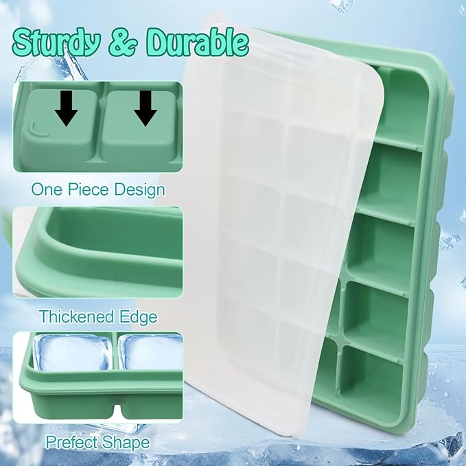2 Pcs Easy Release Ice Cube Trays, Bamboo Green Flexible Silicone Ice Cube Molds Removable Lid Stackable for Whiskey, Beverages, Baby Food (15 cubes 0.7oz)
