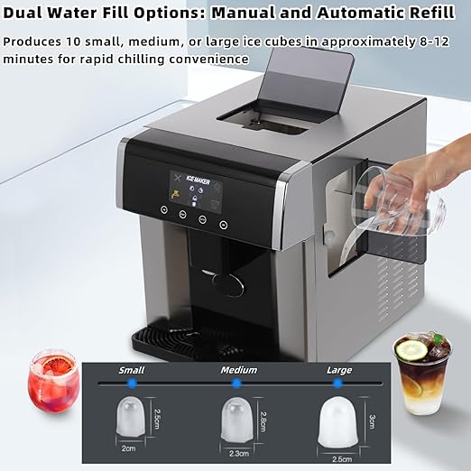 Nugget Ice Maker Dispenser, 2-in-1 Ice Water Maker for Kitchen Bar Party, Self Dispensing Pellet Ice Maker, 33lbs/24H, 15mins Quick Ice Make, 1.3lbs Ice Storage, Ice Full Indicator & Self-Cleaning