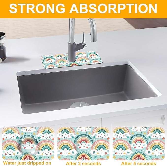 2 Pack Cute Rainbow Sink Splash Guard Faucet Mat Boho Rainbow Butterfly Super Absorbent Fast Drying Mat Sink Gadgets-Splash Guard Behind Faucet Drip Catcher for Kitchen Bathroom, 15.5"x5.5"