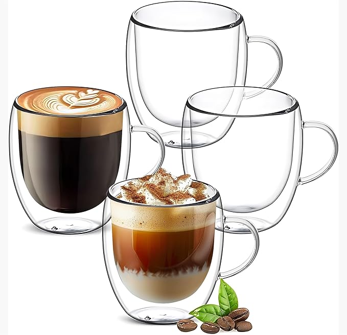 YMMIND Set of 4 Double Walled Glass Coffee Mugs 3 Ounces Insulated Layer Coffee Cups with Handle Borosilicate Glass Espresso Cup for Hot Beverage,Cappuccino,Tea,Latte,Wine,Microwave Safe