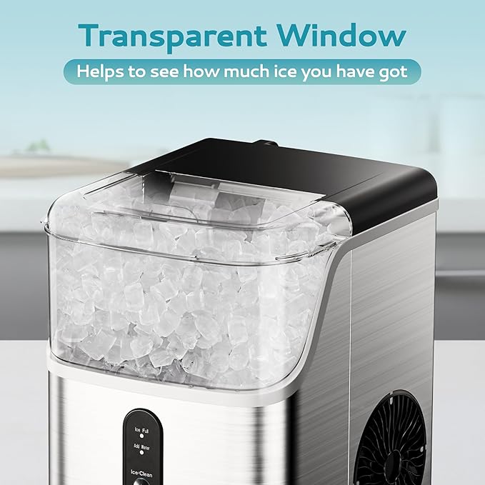 EUHOMY Nugget Ice Makers for Countertop with Ice Scoop & Basket, Self-Cleaning Sonic Pebble/Pellet Ice Maker Machine with 35lbs/24H Soft Ice for Home/Kitchen/Office, Stainless Steel, Silver