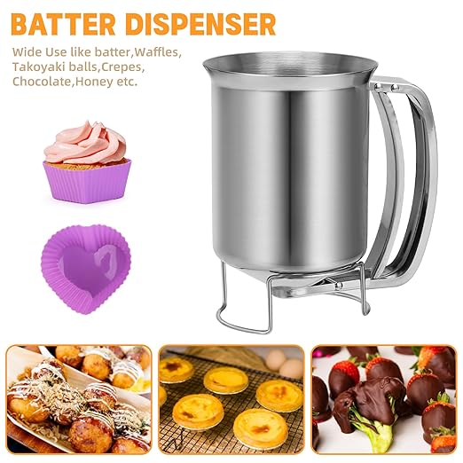 Yummy Sam Stainless Steel Pancake Batter Dispenser with Handle,32oz 900ml Heavy Duty Waffles Funnel Cake Dispenser with 12PCS Silicone Baking Cups,Pancake Pourer Batter Pitcher for Cupcakes,Crepes