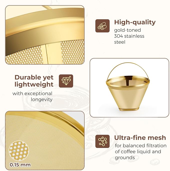 Gold Stainless Steel Coffee Filter, Reusable 304 Stainless Steel Permanent Replacement Filter for Ninja Dual Brew Pro, Ninja CFP301, CFP201 & #4 Cone Coffee Makers (2-Pack)