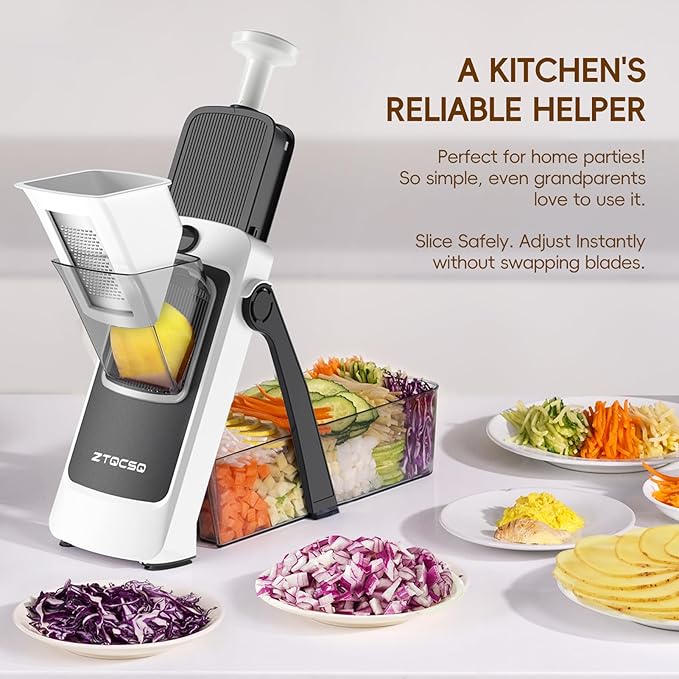 [7 in 1 ] Vegetable Slicer for Kitchen, Safe Mandoline Slicer, Adjustable Veggie Potato French Fry Cutter, Wider Tray & Stainless Steel Grater & Filter Basket & Lid & Cleaning Brush (Gray Pro)