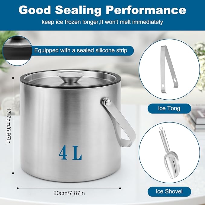Ice Bucket, 4L Double Wall Insulated Ice Bucket with Lid,Scoop,Tongs- Inner Layer 304 Stainless Steel Ice Container Keep Ice Frozen Longer- Ideal for Cocktail Bar,Parties,Chilling Beer Win