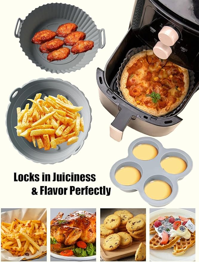 Silicone Liner for Air Fryer,Liners Reusable Round Silicone Basket 5-Piece Set, with Egg Bites Mold, WaffleBite Mold，Anti-Scald Hand Clip, Fits 3-5 Qt,Food Grade Liners Nonstick Coating