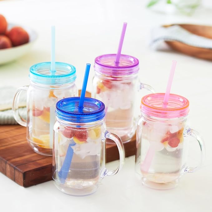 Plastic Mason Jars with Handles, Lids and Straws | 20 oz Double Insulated Tumbler with Straw | 4 Pack Set of 4 | Wide Mouth Mason Jar Mugs | Cups for Kids and Adults…