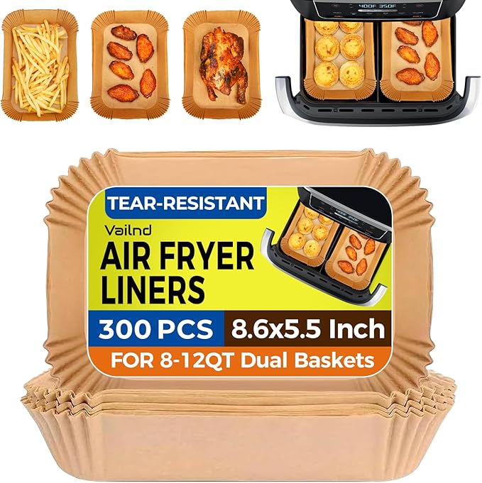300PCS Air Fryer Liners Disposable for Ninja Dual Basket, Grease Proof Parchment Paper for Ninja DZ201 | DZ401 | Chefman | COSORI 2-Basket Air Fryer, Non-Stick AirFryer Liners by Vailnd