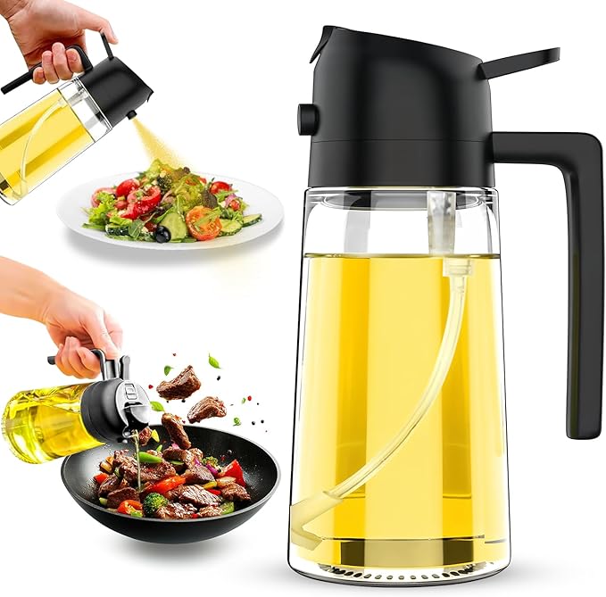Oil Sprayer and Dispenser 2-in-1, 16oz/470ml Glass Bottle with Flip Cap, Oil Mister for Cooking, Air Fryer, Grilling, Salad, Frying, BBQ, Black