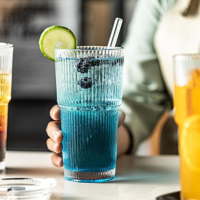 Ribbed Drinking Glasses ,with Lids and Glass Straws Glass Cup,19oz Glass cup,6 Pack Old Fashioned Glasses,Thickened glass for iced coffees,cocktails and juices, perfect for families and parties (2)