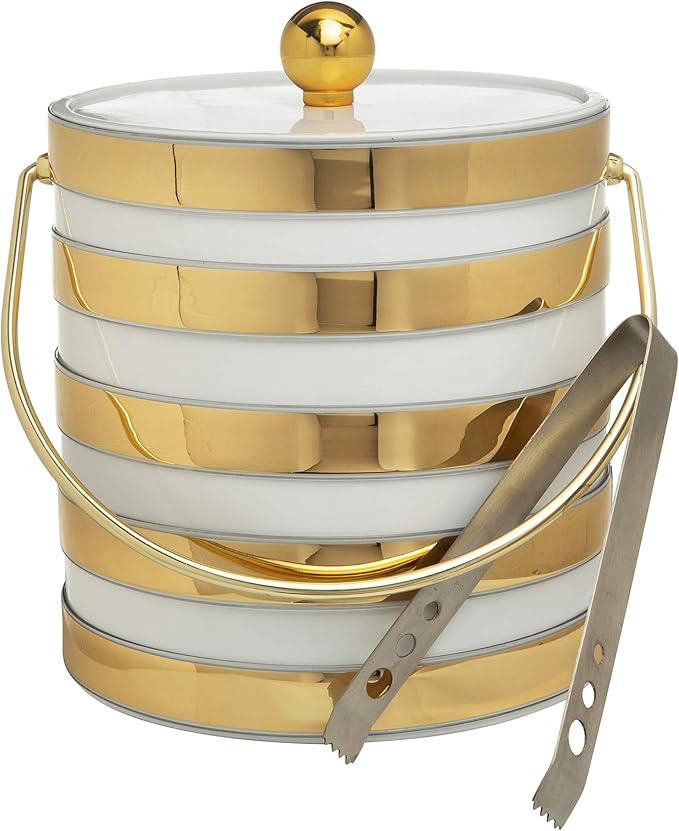 Made In USA Metallic Deco Collection Double Walled Insulated Ice Bucket With Ice Tongs (3-Quart, White & Gold Stripes)