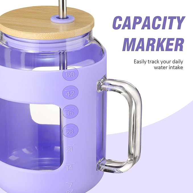 WINSA 50 oz Glass Water Bottles with Silicone Sleeve,Glass Tumbler with Lid and Straw,Iced Coffee Cup with Handle,BPA Free-Purple