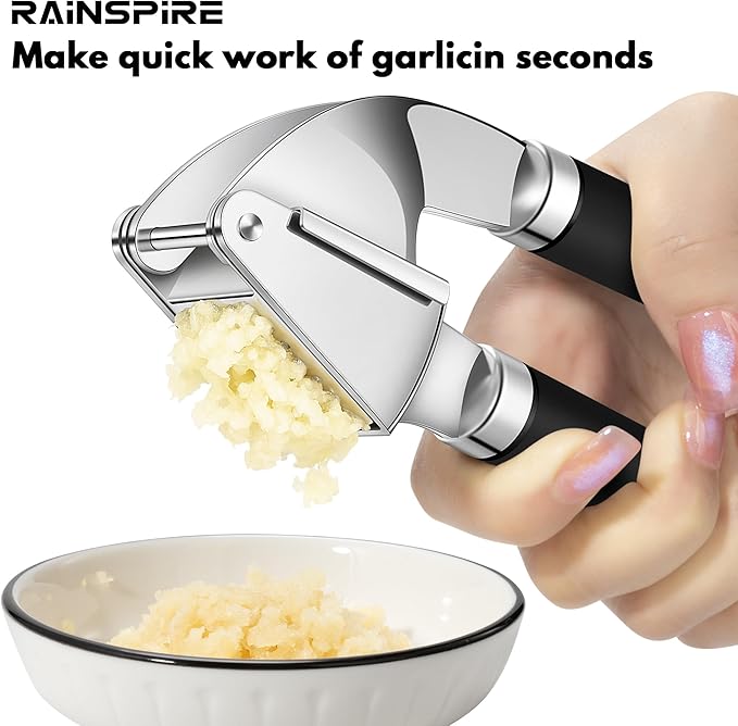 Rainspire Premium Garlic Press Stainless Steel, Garlic Mincer Tool, Garlic Crusher Tool, Garlic Smasher Garlic Masher Includes Silicone Garlic Peeler & Cleaning Brush, Dishwasher Safe (Black)