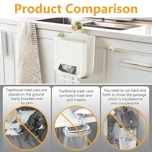 Collapsible Hanging Trash Can, Compost Bin Kitchen with 60pcs of Garbage Bags, 2.64 Gallon Plastic Folding Garbage Bin for Cabinet/RV/Camping/Bedroom