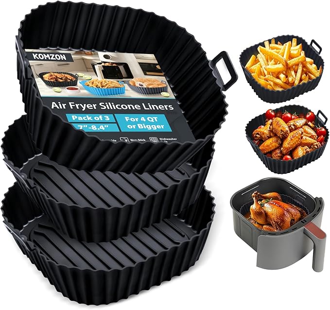 Komzon Silicone Air Fryer Liners Reusable 3 PCS, Airfryer Liners, Silicone Air Fryer Basket Liners Square, Food Grade AirFryer Accessories 4-7 QT, Ktchen Gadgets for Pot Oven Liner Baking Tray Pan