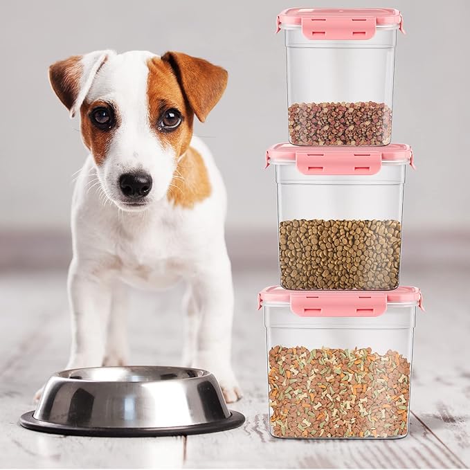 Patelai 6 Pcs Dog and Cat Food Storage Containers with Scoops Set Plastic Pet Food Storage Containers Stackable Airtight Dry for Kitchen 1.27 Qt, 2.4 Qt, 4 Qt(Pink)