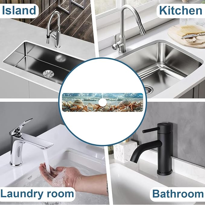 Beach Sink Splash Guard Shells Starfish Waves Faucet Absorbing Mat Fast Drying Mat Sink Gadgets Splash Guard Behind Faucet Drip Catcher for Kitchen Bathroom, 23.5"x5.5"