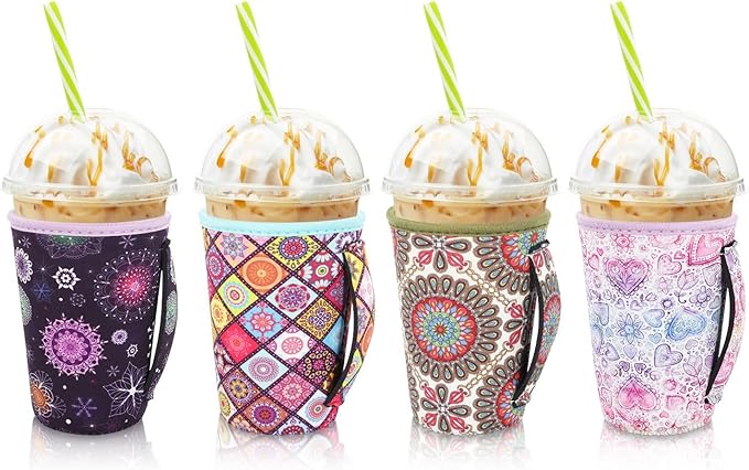 4Pack Reusable Iced Coffee Sleeve Insulator Sleeves for Cold Drinks Beverages, Neoprene Cup Holder for Most Coffee, Fits 22-24oz Medium Cups (Mandala)