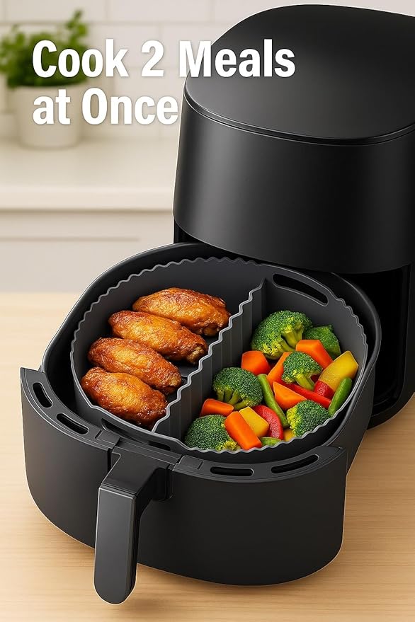 Silicone Air Fryer Liner 8.6" Round for 5–8 QT, With Divider Split for 2 Flavors, Reusable Non-Stick Collapsible Pot Liner, Dishwasher Safe, Heat-Resistant 446°F, GRAY, 1 Pack