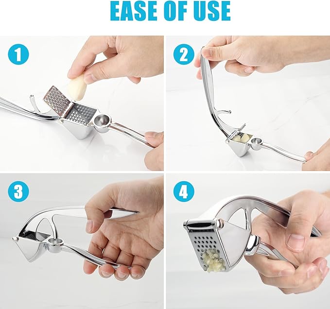 Garlic Press, Premium Kitchen Metal Garlic Crusher Masher Tool, Rust Proof & Dishwasher Safe, Heavy Duty Professional Garlic Mincer with Ergonomic Handle, Easy to Squeeze and Clean -Silver