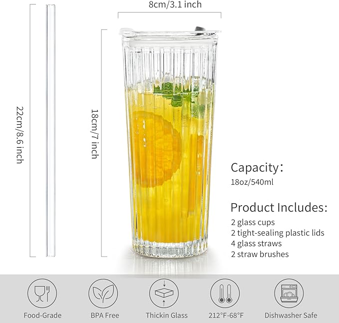 Puraville 2 Pack 18oz Glass Cups with Lids and Straws, Vintage Ribbed Striped Thickened Glassware for Whiskey Cocktail Beer, Mason Jar Drinking Glasses Tumbler Iced Coffee Cup, Clear