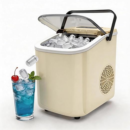 Small Portable Countertop Ice Maker, 26lbs/24H Ice Machine with Self-Cleaning, 6-8 Mins Fast Ice Making,Quiet Operation, Compact Ice Maker with Handle for Home Kitchen Camping RV (Beige, 26lbs)