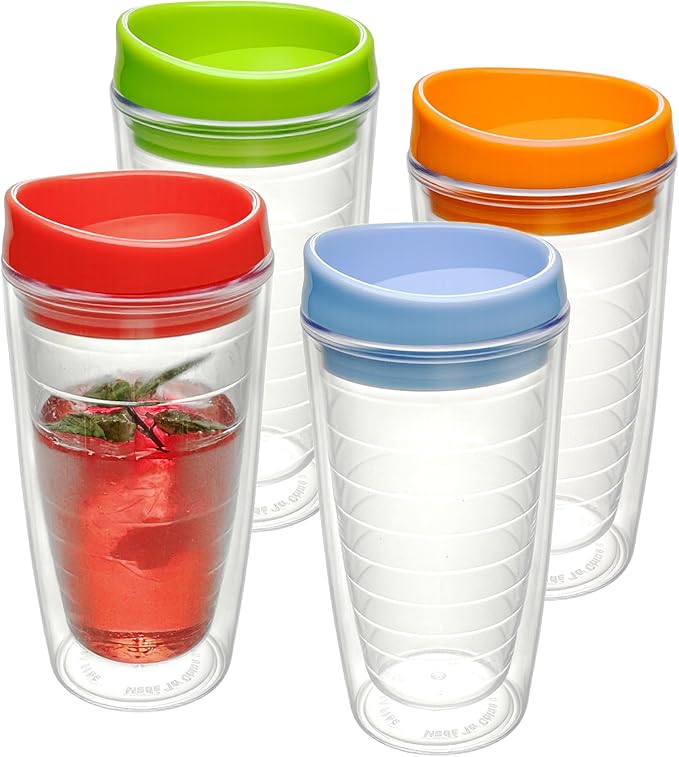 Lily's Home Set of 4 Double Wall 16oz Travel Cups with Multi-Color Lid, Reusable Insulated Plastic Tumblers, BPA Free, Handwash Only - Perfect for Iced Coffee and Cold Drinks, Indoor/Outdoor Use